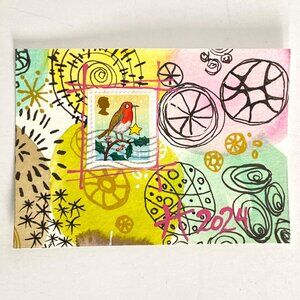 ACEO Original Watercolor Doodle UK Postage Stamp Art Tristina Dietz Elmes ATC